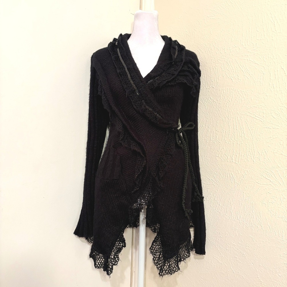Black Wrap Cardigan Sequin Lace Trim Ruffle Sweater Whimsigoth Witch Fairy M